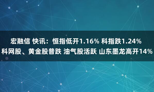 宏融信 快讯：恒指低开1.16% 科指跌1.24% 科网股、黄金股普跌 油气股活跃 山东墨龙高开14%